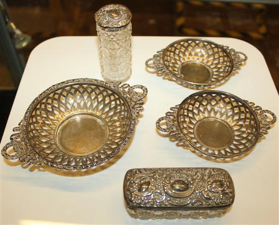 3 x silver bon bon dishes and 2 toilet jars